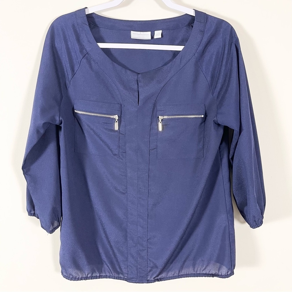 🤍 New York & Company Womens Blue Top 3/4 Sleeve Zipper Pockets Sz Small Sheer 🤍